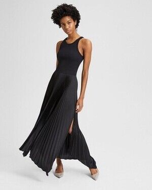 Theory Vinessi Pleated Maxi Dress Black Size M NWT $375 Classic